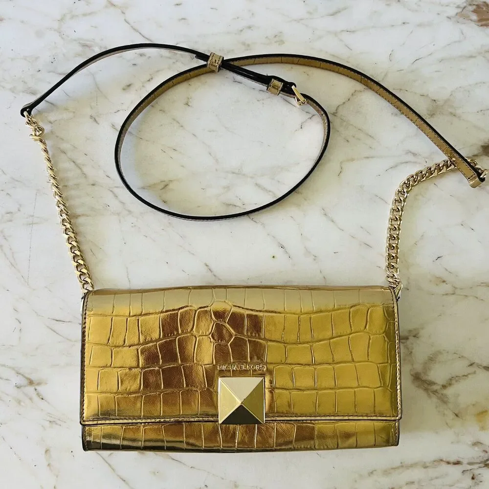 MICHAEL KORS Karla Gold Embossed Leather Clutch Chain Crossbody Bag